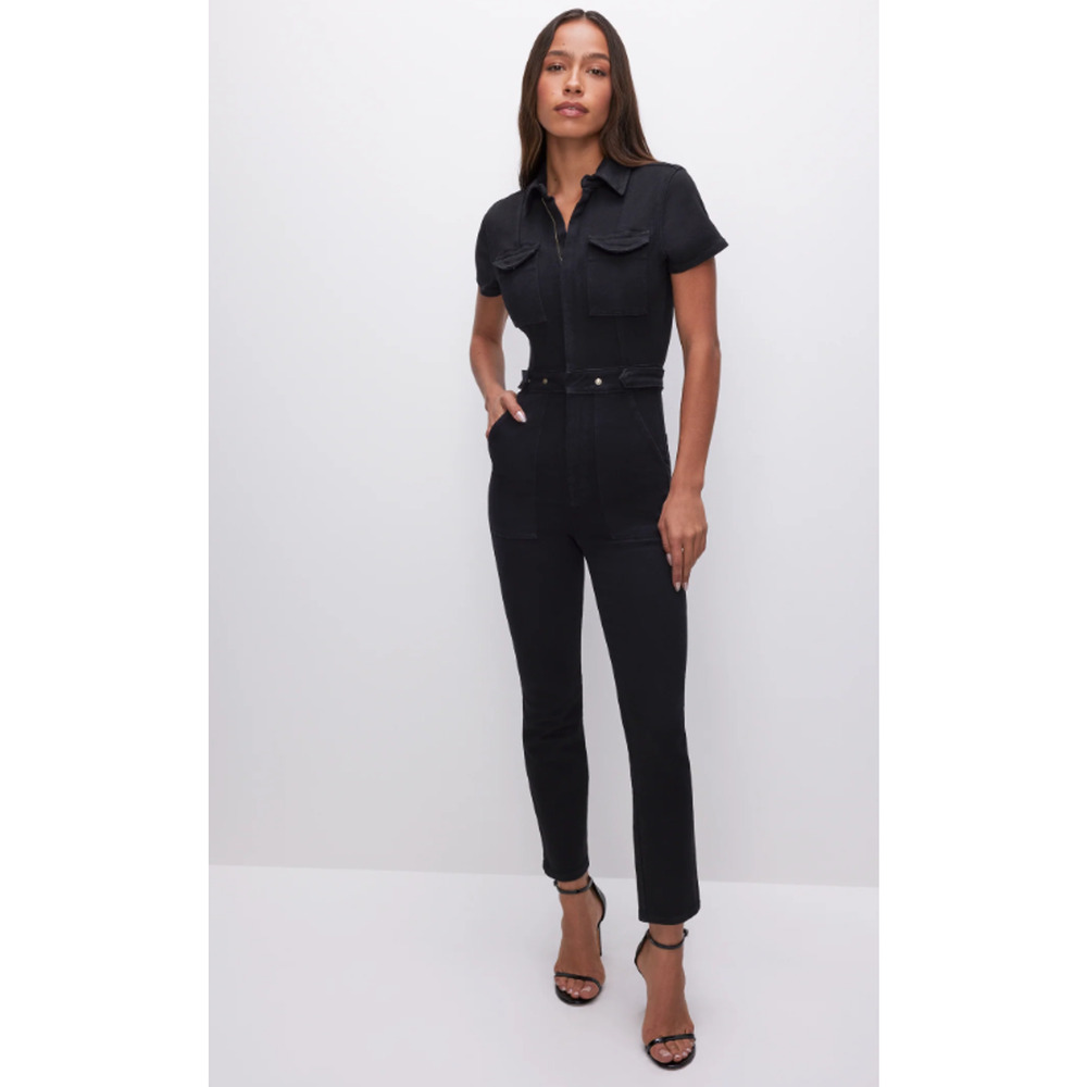 GOOD AMERICAN Fit For Success Jumpsuit 2 Medium Black Short Sleeve Denim NWT